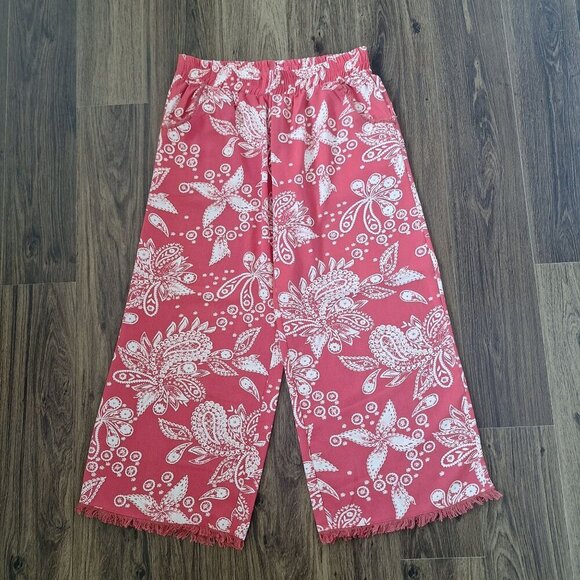 💙 Umgee Wide Leg Flowy Fringe Floral Linen Blend Size L/XL Boho Pants - Picture 8 of 8